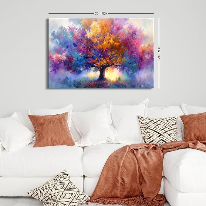 Vibrant Tree of Life Wall Art Colorful Framed Tree Canvas Prints for Living Room Abstract Nature Flowers Trees Canvas Artwork Watercolor Paintings Artwork for Bedroom Kitchen Home Decoration 24x36