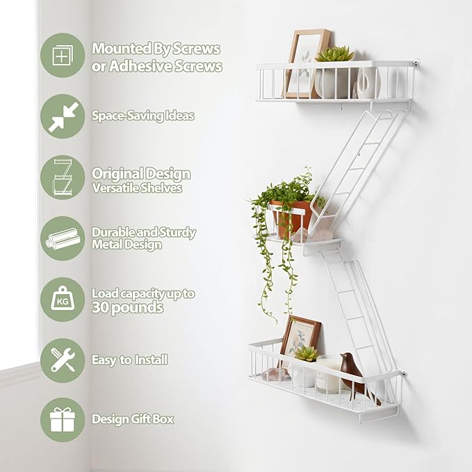 Fire Escape Wall Shelf White - Modern New York City Wall Decorative Display Ladder Floating Shelves for Bedroom, Home Décor, Action Figure Display (2.5-Tier)