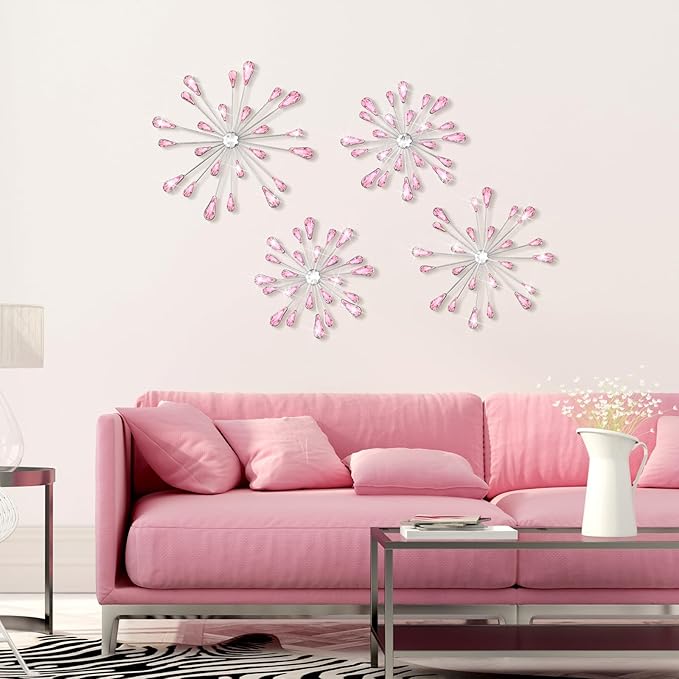 Hicarer 4 Pcs Starburst Wall Decor Bling Wall Art Crystal Teardrop 3D Hanging Rhinestone Radial Metal Artwork Modern Accent Sculptures Decorations for Living Room Home Office Bedroom(Pink)