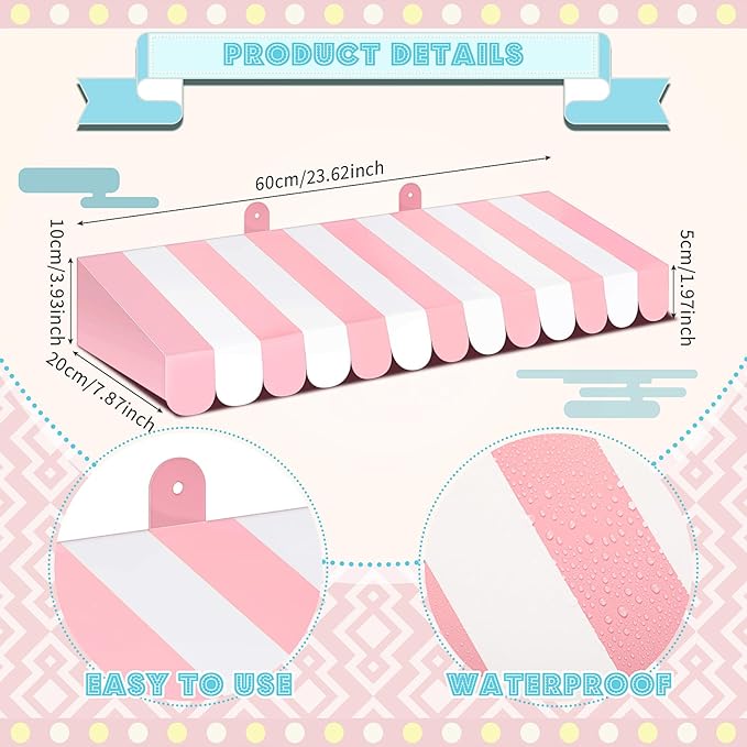 Boao 4 Pack Pink Circus Awning Decoration 3D Pink and White Stripe Cardboard Awning Bulletin Board Wall Decor Sweet Ice Cream Party Favors for Lemonade Stand Truck Bulletin Board