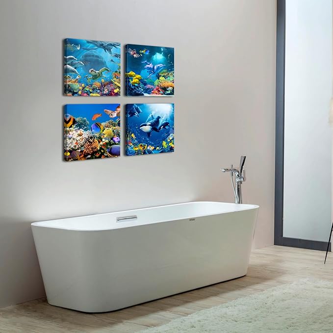 Ocean Animals Wall Art for Bathroom Beach Theme Sea Turtle Pictures Wall Decor Nautical Fish Dolphins Whales Canvas Prints Nautical Paintings Large Artwork Bedroom Nursery Home Decorations 24x24” 4Pcs