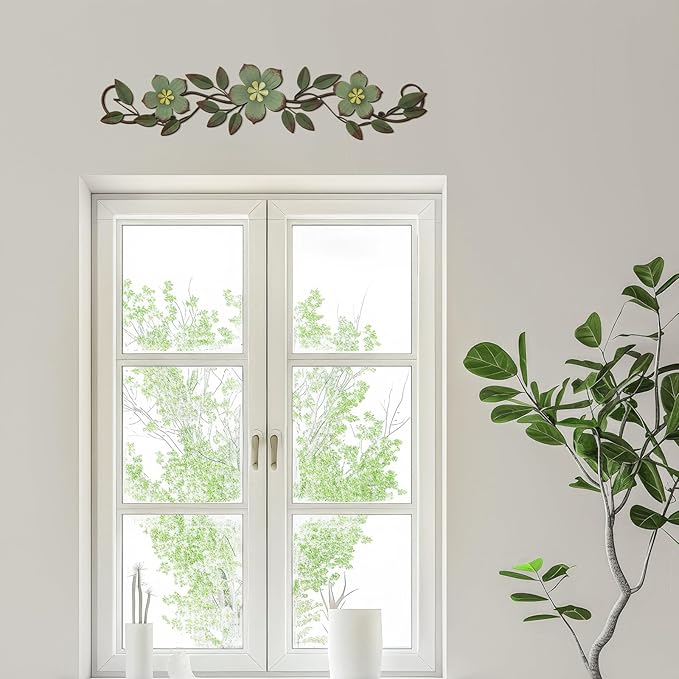 Wesiti Metal Flower Wall Decor Vintage Spring Metal Flower Wrought Iron Scroll Sculpture 15.7''x3.7'' Farmhouse Leaf Wall Decor with Nails for Spring Living Room Bedroom Indoor Outdoor(Green)