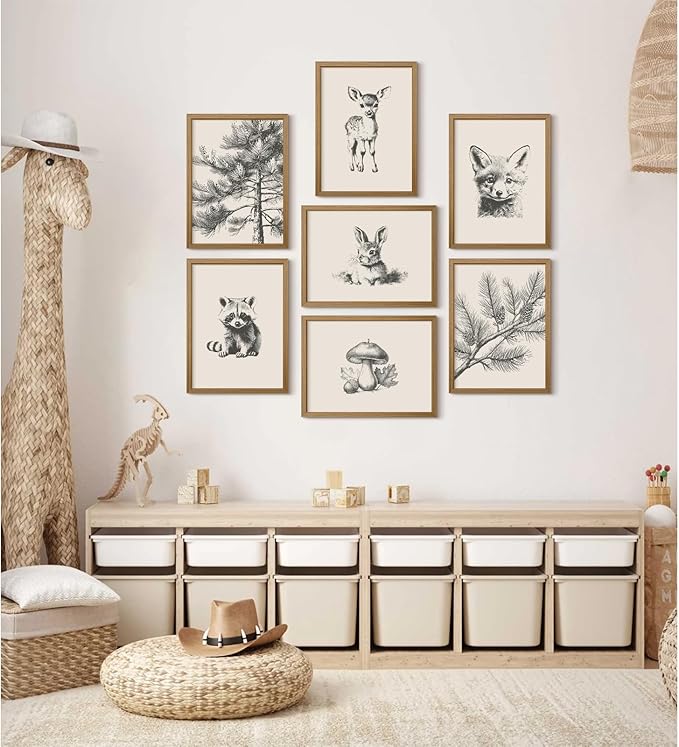Nursery Wall Art Woodland Animal Canvas Wall Decor Baby Room Pictures Forest Animal Prints Kids Wall Art Pine Tree Poster Nature Vintage Artwork Deer Fox Painting for Bedroom 12x16x7 Inch Framed