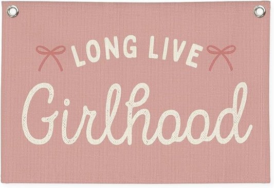 Girls Nursery Decor,Long Live Girlhood Linen Canvas Banner,Boho Girls Room Decor – Coquette Pink Bow Wall Hanging for Nursery Bedroom 30x20 Inch