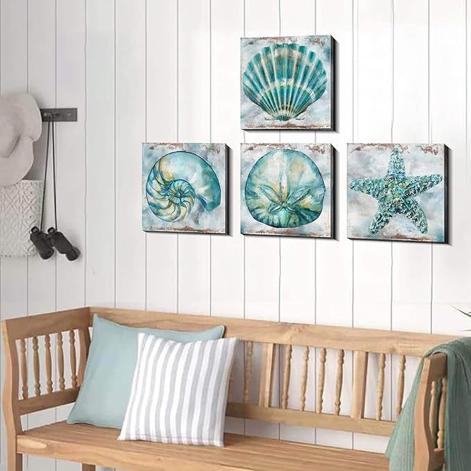 Coastal Wall Art Conch Wall Bathroom Decor Teal Vintage Beach Shell Canvas Prints Pictures Home Decoration 16x16 4Pcs/Set Rustic Watercolor Starfish Poster Painting Modern Spa Bedroom Framed Artwork
