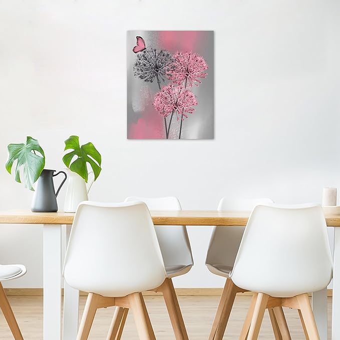 LB Pink Dandelion Canvas Wall Art Pink and Grey Dandelion with Butterfly on Modern Abstract Wall Art Aesthetic Wall Decor for Living Room Bedroom Bathroom Office Framed Ready to Hang 24L x 16W