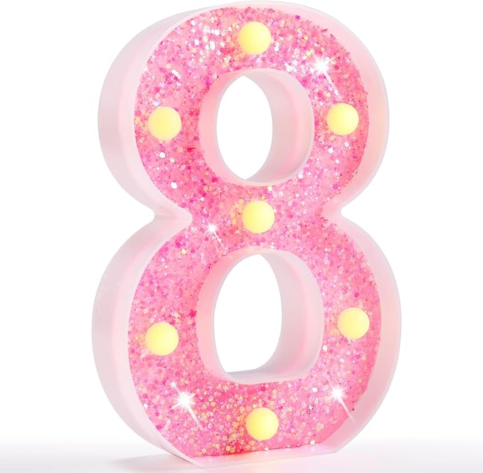 Pooqla Marquee Numbers, Pink Light Up Numbers for Girls 8th 18th Birthday, Battery Powered Glitter Number Night Light Gift for Christmas Bedroom Dorm Classroom Party Decoration, Pink Number 8