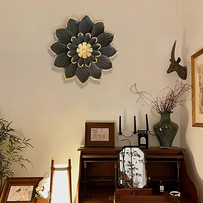 LIFFY 9.2“ Black and Gold Metal Flower Wall Art, Modern Rustic Floral Decor for Indoor Living Room Bedroom Office Outdoor Garden Patio Yard