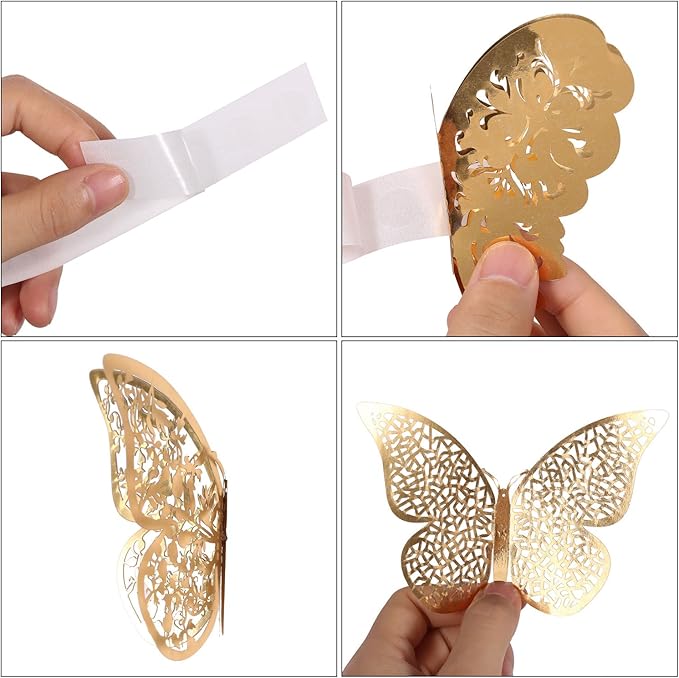 Bememo 72 Pieces 3D Butterfly Wall Decals Sticker Decal Wall Decor Art Decorative Sticker 3 Sizes for Room Offices Bedroom Bathroom Living Room Decor(Gold)