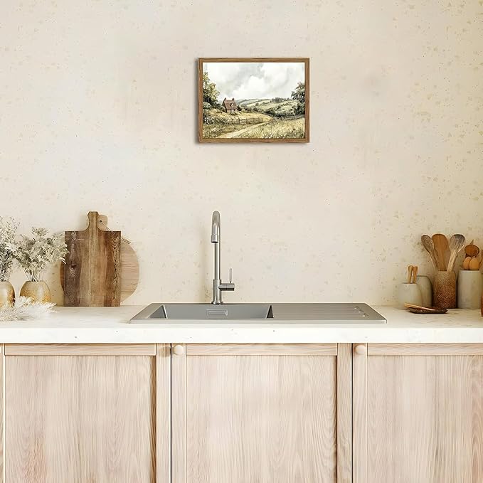 Framed Vintage Canvas Wall Art, Cottage Landscape Wall Decor Paintings, Rustic Farmhouse Pictures Prints Aesthetic Home Decor for Living Room Bedroom Bathroom 8x10 inch