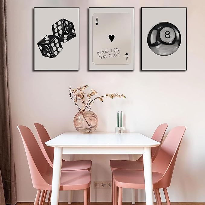 BOKPEN 3Pcs Black and White Poker Dice Wall Art Funky Retro Y2K Trendy Preppy Pictures Lucky 8 Ball Poster Canvas Prints Artwork Painting for Game Room Apartment Dorm Aesthetic Decor 12x16in Unframed