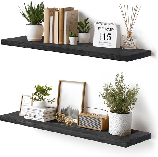 Floating Wall Shelves 2-Pack - 36-Inch Rustic Black Wooden Shelves for Storage and Décor, Easy Installation for Living Room, Bedroom, and Kitchen