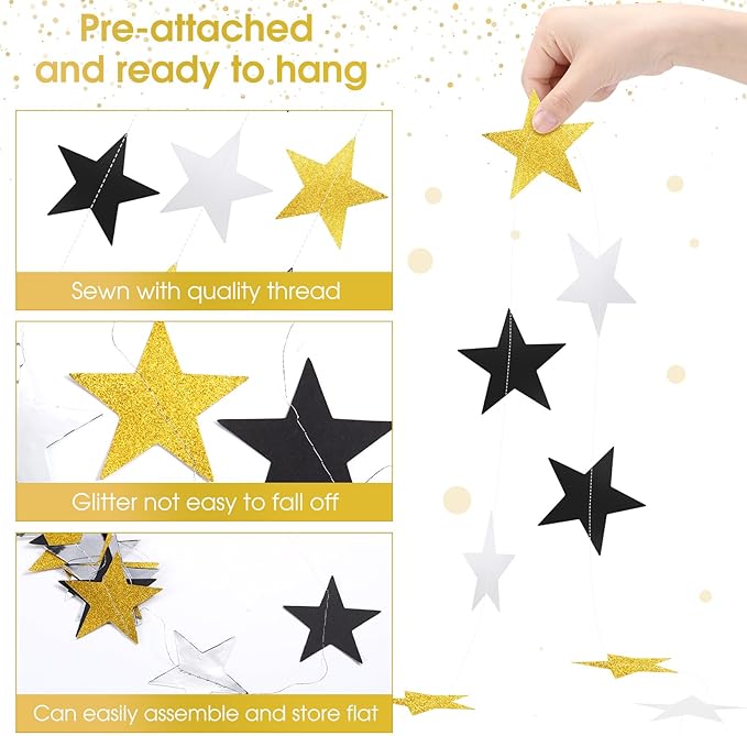 Patelai Glitter Star Garland Banner 2026 Graduation Decor 130 Feet Star Hanging Banner Twinkle Backdrop for Party Birthday Classroom Wedding Supplies(Silver Gold Black)