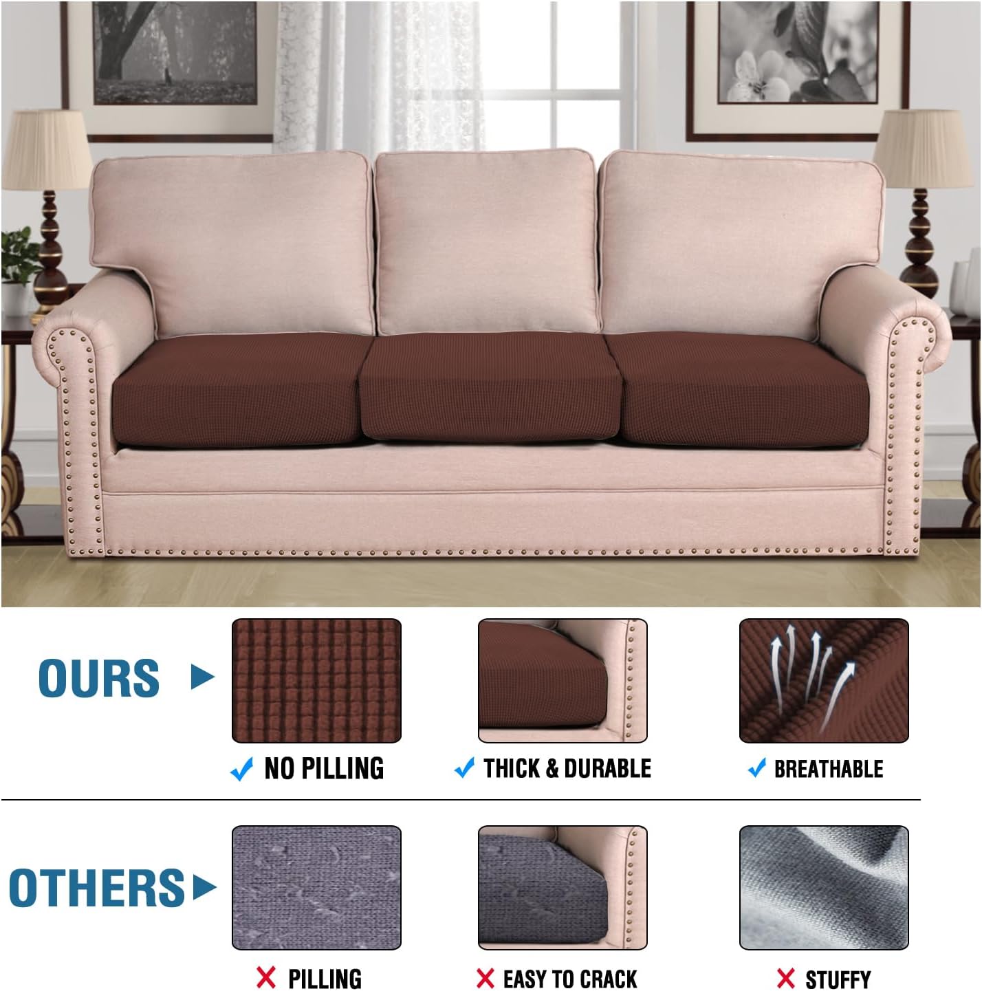 H.VERSAILTEX Super Stretch Individual Seat Cushion Covers Sofa Covers Couch Covers Slipcover Sets Thick Jacquard Textured Twill Fabric (3 Piece XL Sofa Cushion Covers, Burnt Brick)