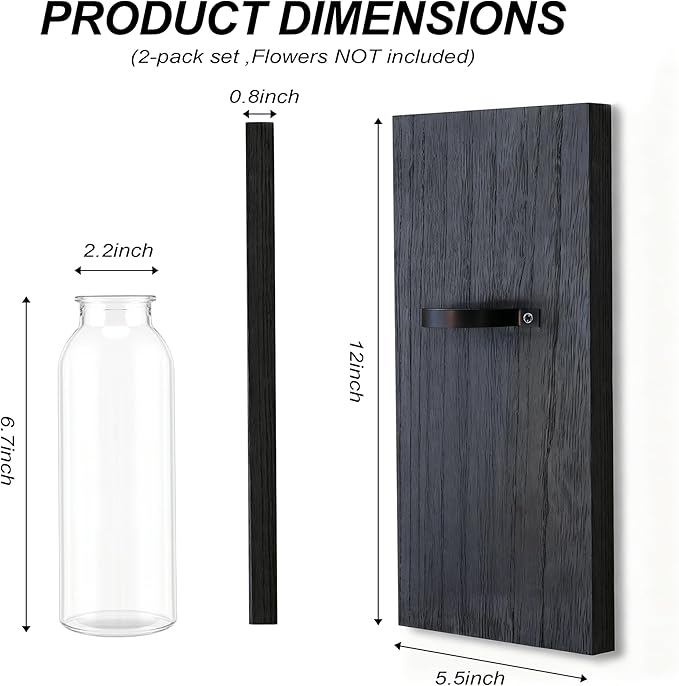 2 Pack Wall Planters for Indoor Plants, Wood Glass Decor for Bathroom, Bedroom Living Room, Modern Farmhouse Wooden Pocket Wall Vases for Dried Flowers and Plastic Plants (Black)