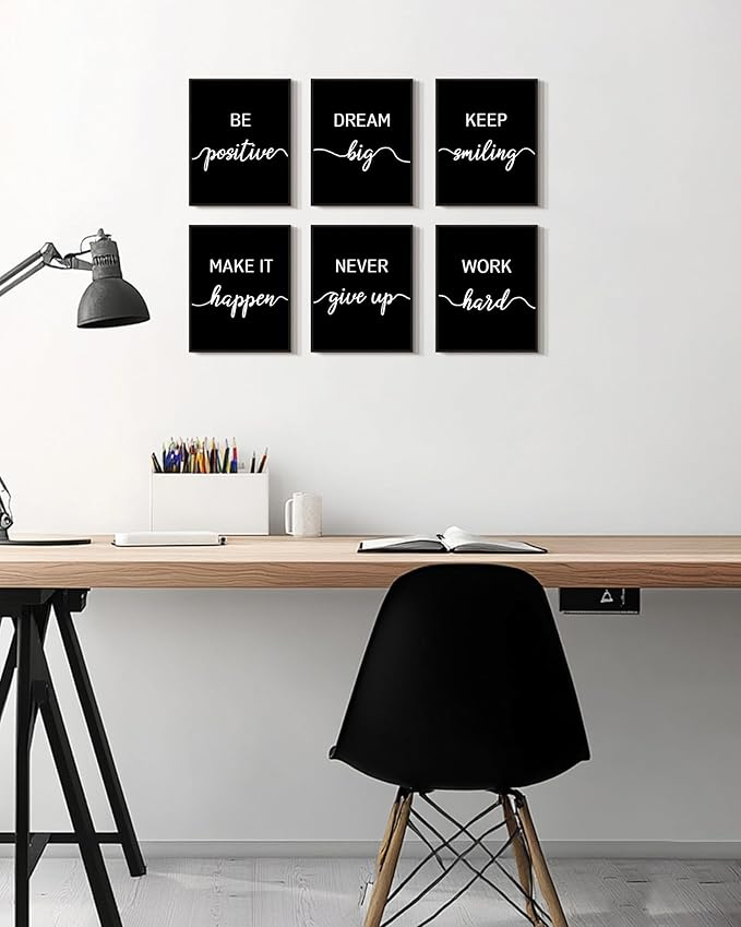 KUVIOKE Inspirational Office Wall Decor Motivational Quotes Framed Wall Art Encouraging Positive Affirmations Sayings for Kids Classroom Bedroom Ready to Hang Set of 6, 8x10in (Black Framed)