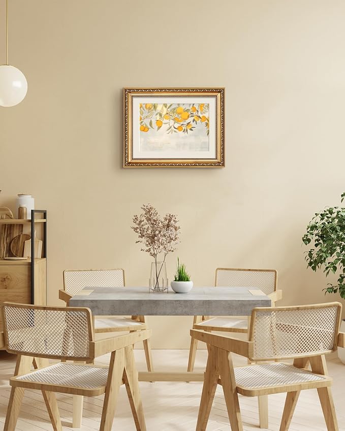 VIYYIEA Gold Framed Vintage Botanical Citrus Fruits Canvas Wall Art, Mediterranean Orange Tree Branch Illustration for Kitchen or Dining Room | Lightweight No Glass, Classic Decor | 11x14 Inch
