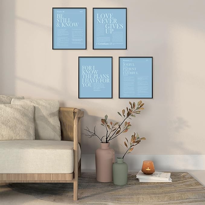 Locomiss Light Blue Christian Wall Art Decor, Modern Bible Verse Prints, Minimalist Jesus Scripture Wall Decor, Inspirational Bible Posters for Bedroom Office Living Room, Set of 4 (8x10 Unframed)