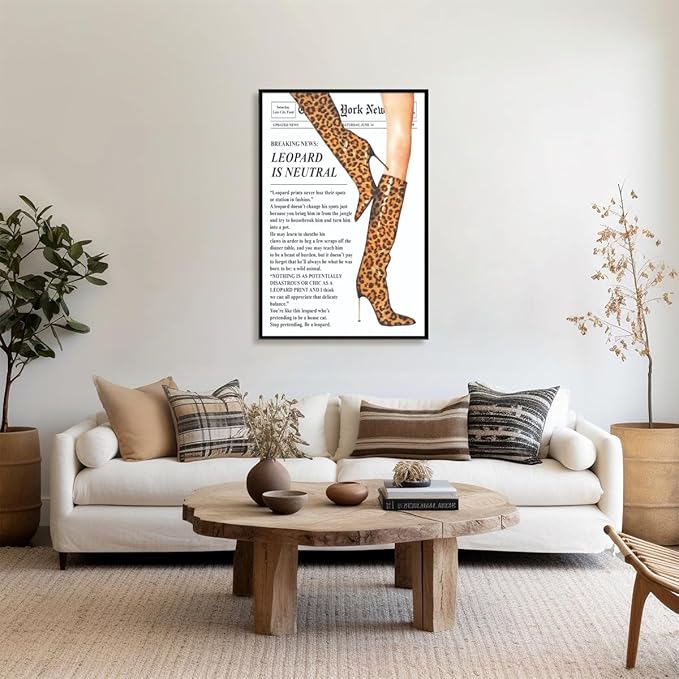 Trendy Newspaper Posters Vintage Leopard Boots Poster Feminist Canvas Prints Retro Fashion Bar Cart Magazine Cover Wall Art for Hot Girl Preppy Y2k Aesthetic Room Home Decor 12x16inch black framed