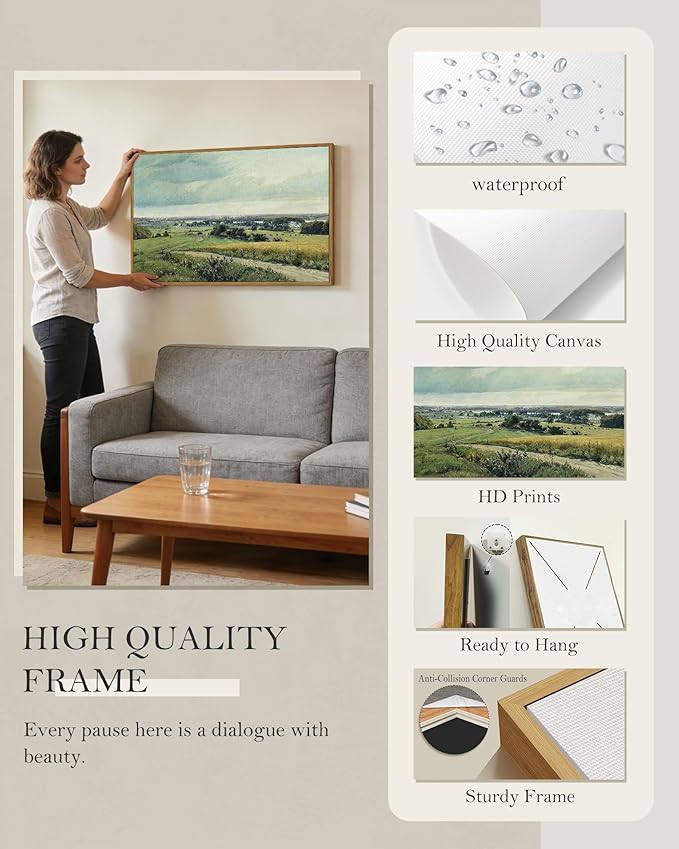 SHENIFY Vintage Landscape Framed Wall Art Rustic Countryside Meadow Farmhouse Decor Retro Grassland Painting for Hallway Living Room Bedroom Dining Room - 24x36in Natural Framed