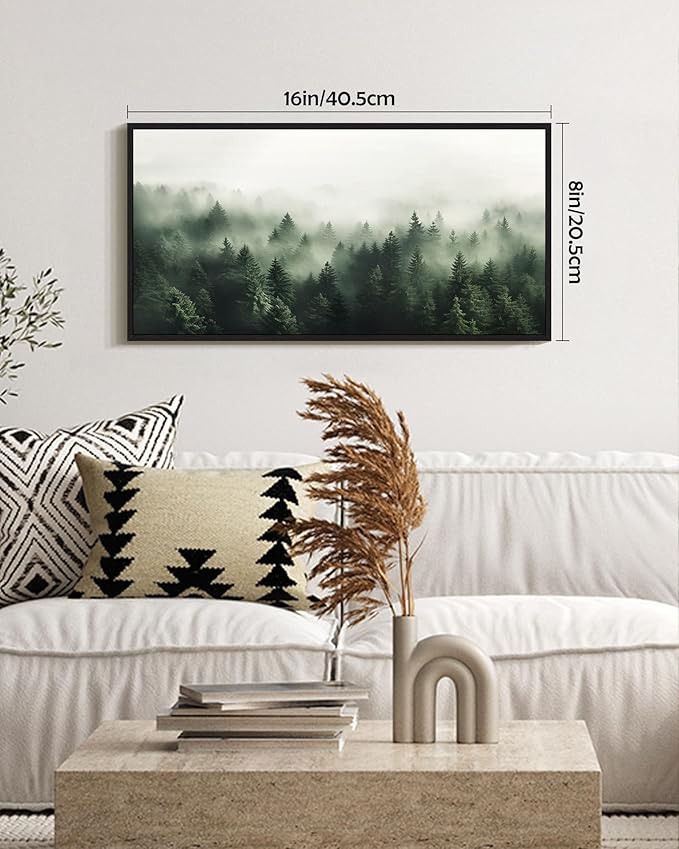 SHENIFY Green Fog Pine Tree Forest Vintage Framed Wall Art Modern Landscape Scenery Farmhouse Artwork Prints Decor for Kitchen Bedroom Living Room Bathroom - 8x16in Black Framed