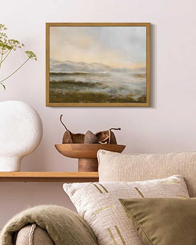SHENIFY Vintage Framed Wall Art Rustic Foggy Mountain Landscape Scenery Home Decor Retro Wilderness Decorations for Farmhouse Bedroom Ready to Hang Wall Artwork - 8x10in Natural Framed