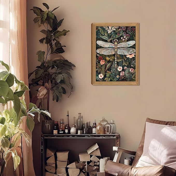 Framed Vintage 3D Textured Wall Art - Dark Green Dragonfly Flowers Wall Decor - Hand Drawn Sandstone Nature Botanical Pictures for Living Room Bedroom Home Decor 12x16in