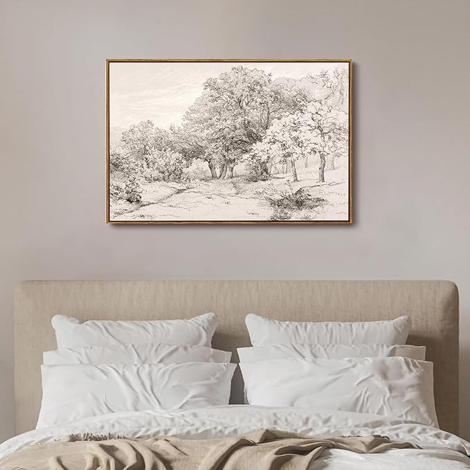 OIQArtOIQ Vintage Landscape Canvas Wall Art Framed Natural Scenery Painting Artwork Prints France Country Wilderness Farmhouse Decor Pictures Kitchen Bedroom Living Room Bathroom