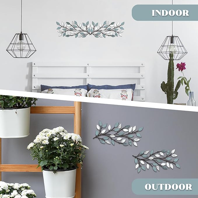 Hotop 2 Pieces Metal Tree Leaf Wall Decor Vine Olive Branch Leaf Wall Art Wrought Iron Scroll Sculptures Above the Bed, Living Room, Outdoor Decoration(Fresh Style,Fresh Color)