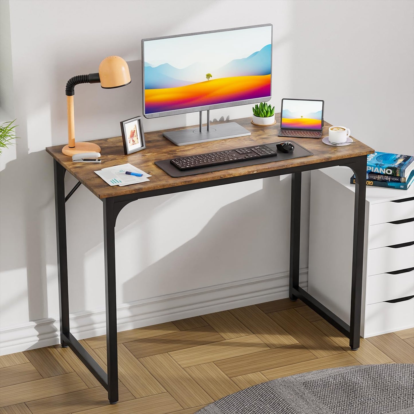 PayLessHere | 39 Inch Computer Desk | Brown | Office Desk with Metal Frame, Adjustable Feet | Water-Resistant, Scratchproof Surface | Sturdy Writing Table for Home Office or Study | Pack of 1