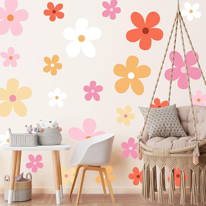 TaoBary 12 Sheet Daisy Wall Sticker Decal Removable Cute Daisy Bedroom Room Decor Flower Wall Sticker Pink White Flower Decal Wallpaper Peel and Stick for Nursery Home(Bright Color,Elegant Style)