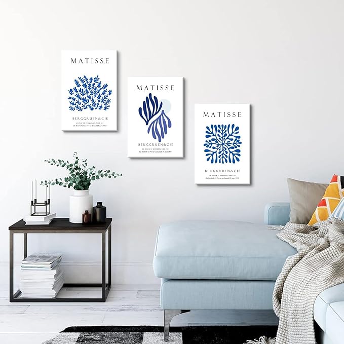 Djmwtb Navy Blue Matisse Canvas Wall Art Decor, Matisse Blue Wall Art Prints Framed Set of 3, Modern Abstract Minimalist Pictures Wall Decor Paintings Artwork for Bathroom Bedroom Living Room 16x24in