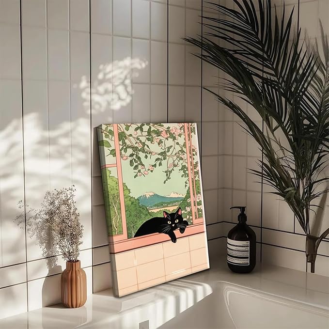 Japanese Bathroom Wall Art Set of 3, Cute Black Cat Bathtub Wall Decor, Funny Animal Reading Newspaper Canvas Prints for Bathroom Bedroom Laundry Room 16x24 inch Framed