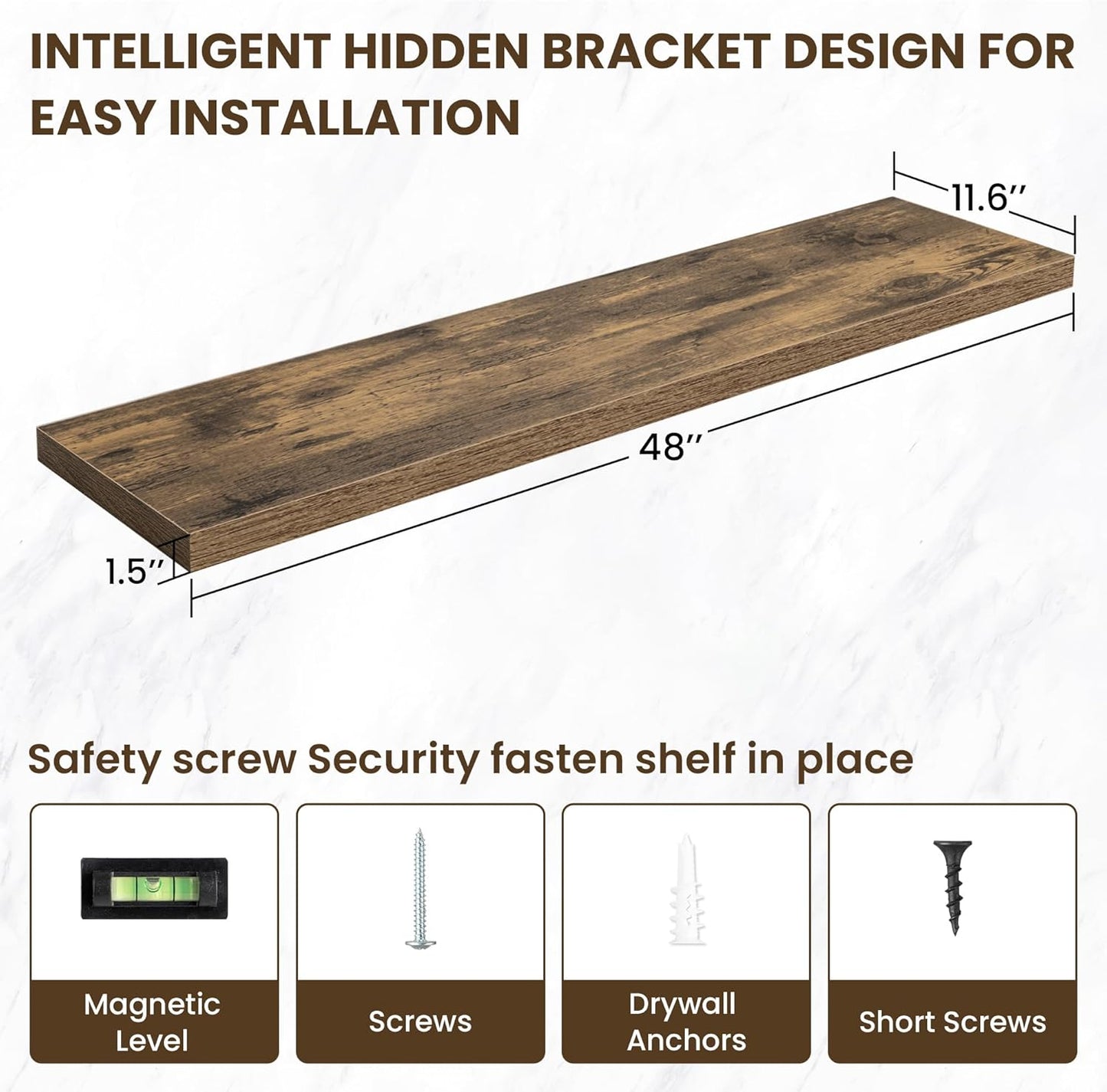 48 Inch Floating Shelves, 11.6 Inch Deep Floating Shelves for Wall, Floating Shelf with Invisible Brackets, Deep Shelves for Bathroom, Bedroom, Living Room, 1 Pack, Brown