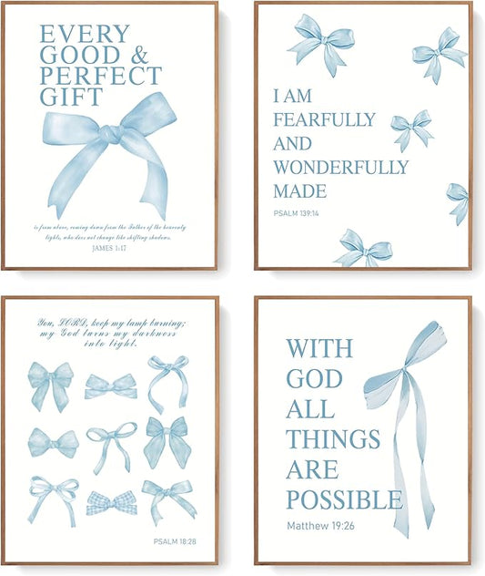 LARTSFRO Coquette Blue Bow Wall Art Decor Posters, Baby Blue Bow Room Bedroom Bathroom Dorm Wall Art Decor Aesthetic for College Teen Girls Gifts, Inspirational Bible Verses Bow Wall Decor, 10x8 Inch Set of 4 Pcs Bow Pictures (UNFRAMED)