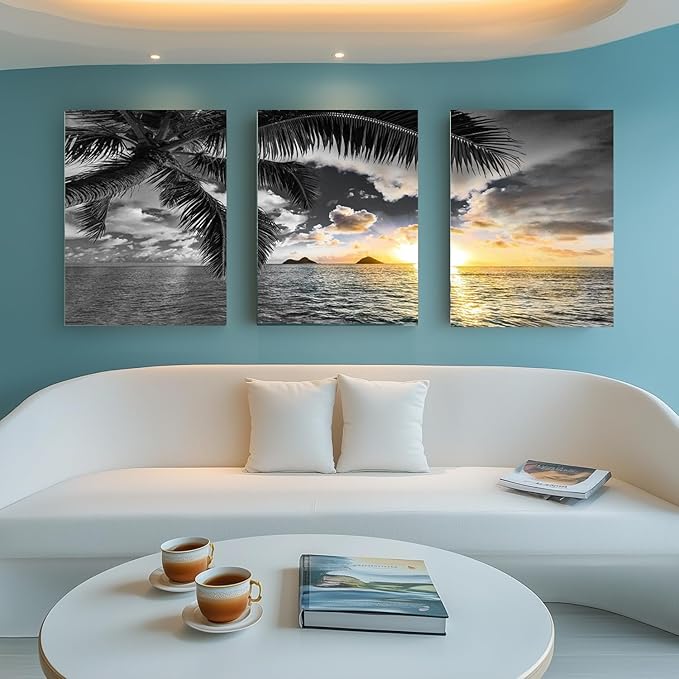 Yxbhhym Sunset Beach Canvas Wall Art Bathroom Black and White Coastal Wall Decor Ocean Prints Art Seascape Pictures Palm Painting Artwork for Living Room Bedroom Decor Office Home Decoration