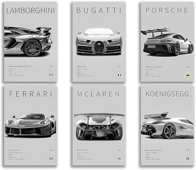 CSLGQGV Car Poster Vintage Racing Car Wall Art Supercar Canvas Prints Painting For Men Room Pictures Guys Dorm Room Aesthetics Decor Bedroom Office (Unframed,8×10inch,6pcs)