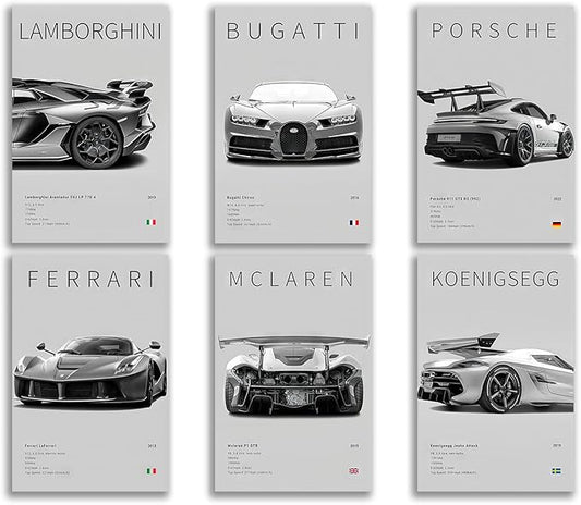 CSLGQGV Car Poster Vintage Racing Car Wall Art Supercar Canvas Prints Painting For Men Room Pictures Guys Dorm Room Aesthetics Decor Bedroom Office (Unframed,8×10inch,6pcs)