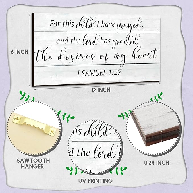 Yookeer 2 Pcs Wood Nursery Wall Decor for Girls Boys Baby Girl Room Decor Nursery Christian Wall Art This Child I Have Prayed Bible Quote Hanging Sign for Kids Home 12 x 6 Inch(Retro)