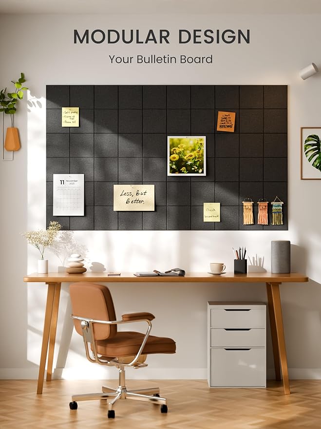 Bumusty Large Felt Bulletin Board, 36" x 24" Cork Board Alternative, 6-Pack Wall Tiles with 4-Compartment Design, 30 Push Pins, 40 Adhesive Tabs, Ideal for Office & Home Decor, Charcoal Gray