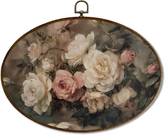 JQF Vintage Rose Floral Oval Wall Decor, Cottagecore Floral Oval Canvas Wall Art, Rustic Moody Botanical Flower Framed Prints Hanging Decor for Home Bedroom Living Room, 11.5x8.5 Inch