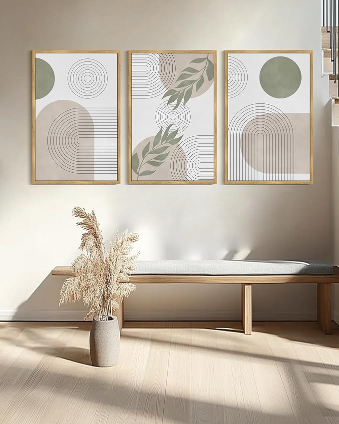 Drsoum Green Botanical Boho Wall Art Framed Modern Bohemian Sage Wall Decor Abstract Geometry Lines Prints Ready to Hang 24x36in Natural Framed