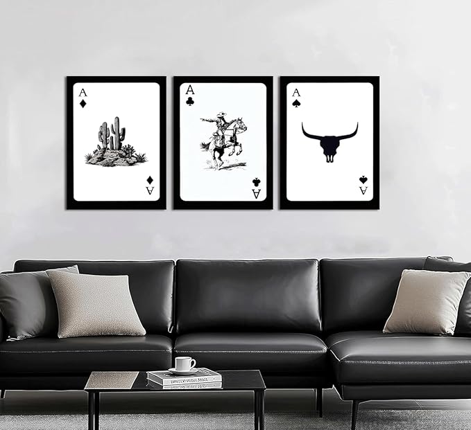 Western Cowboy Wall Art Set of 3 Southwestern Cowboy Print Playing Card Canvas Wall Decor Longhorn Bull Skull Poster Picture Prints Painting for Bedroom Living Room 16x24 In Framed