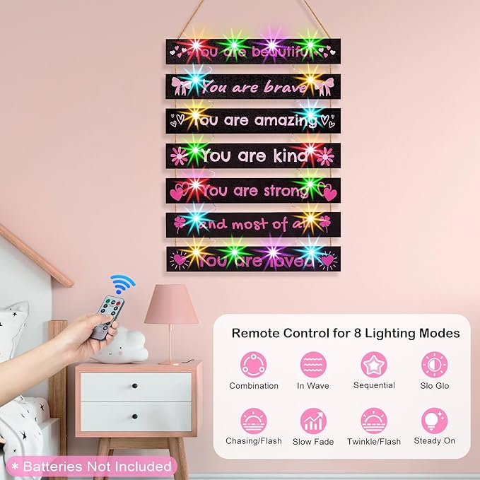 FIOBEE Girls Room Décor for Teen Girls Boys with LED Light Wall Decor for Bedroom Motivational Inspirational Wall Art Room Decoration for Kids Studyroom, 8 Kinds of Lights, Black