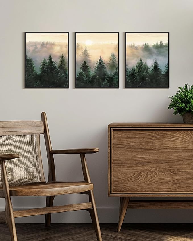 Drsoum Green Fog Pine Tree Landscape Wall Art Framed Nature Misty Nordic Forests Prints Morden Farmhouse Rustic Artwork Hallway Bedroom Ready to Hang 11x14in Black Framed