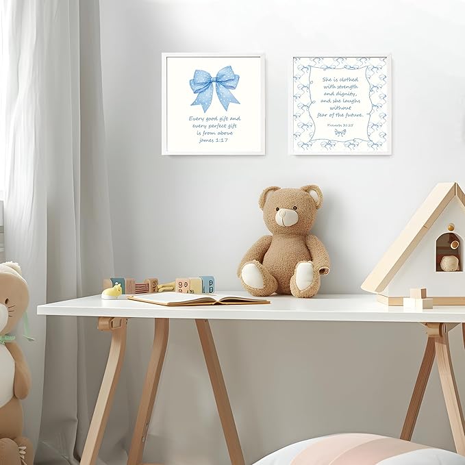 LARTSFRO Coquette Blue Bow Jesus Wall Art Decor Posters, Light Blue Bow Christian Room Bathroom Bedroom Dorm Wall Art Decor Aesthetic for College Teen Girls Gifts, Inspirational Bible Verses Bow Wall Decor, 8x8 Inch Set of 4 Bow Pictures(UNFRAMED)