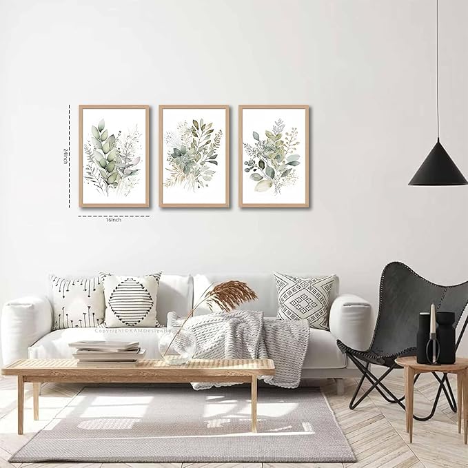 3Pcs Framed Sage Green Botanical Wall Art, Watercolor Canvas Prints Modern Green Plant White Floral Decor for Bedroom Living Room Bathroom Nursery, Ready to Hang wooden frame 16x24In