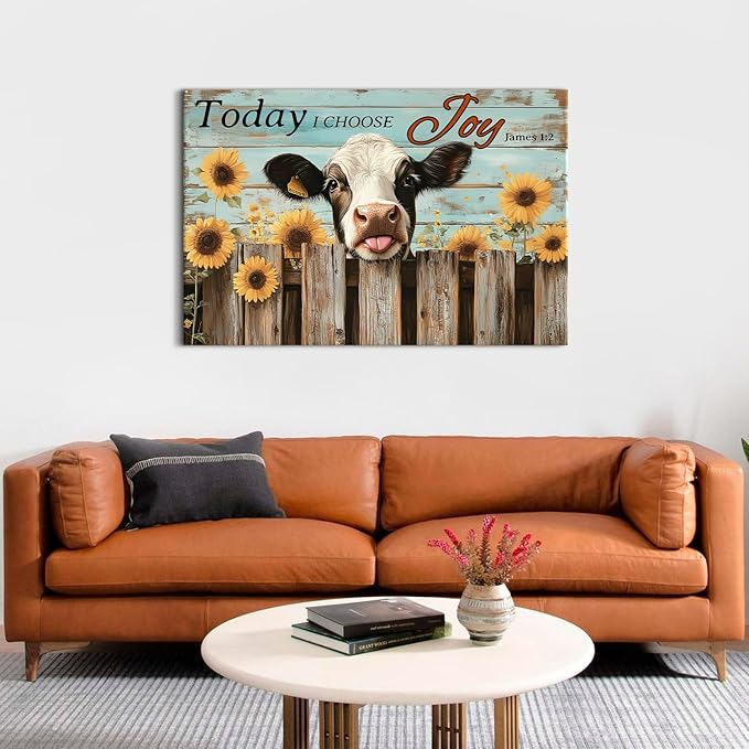 Vintage Funny Cow Canvas Wall Art for Living Room Bedroom Kitchen Decorations 32x48", Today I Choose Joy Pictures Sunflower Wall Decor Christian Bible Verse Poster Painting Farmhouse Prints Artwork