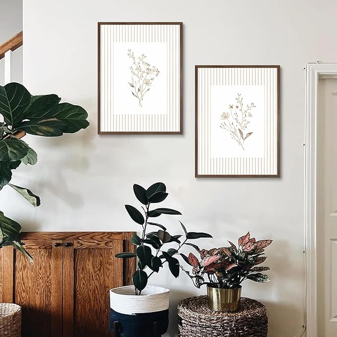 LYVTEU 2Pcs Neutral Wildflower Wall Art Vintage Floral Botanical Canvas Wall Decor Watercolor Striped Boho Flower Bouquet Pictures Prints Posters for Bedroom Farmhouse Wall Decor 12X16 Inch Unframed
