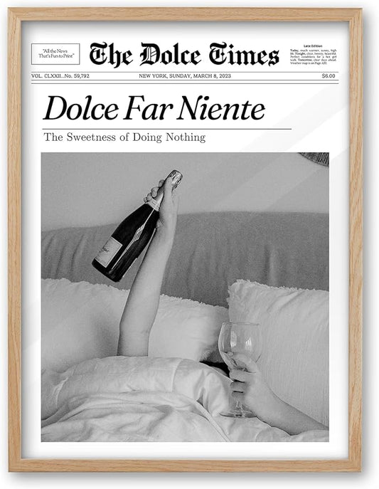 iHery Dolce Far Niente Framed Trendy NewsPaper Wall Art, Natural OAK Wood Large 16x20in Canvas Wall Art Bedroom,The Sweetness of Doing Nothing,La Dolce Vita Home Decor For Living Room Dorm 1Pack
